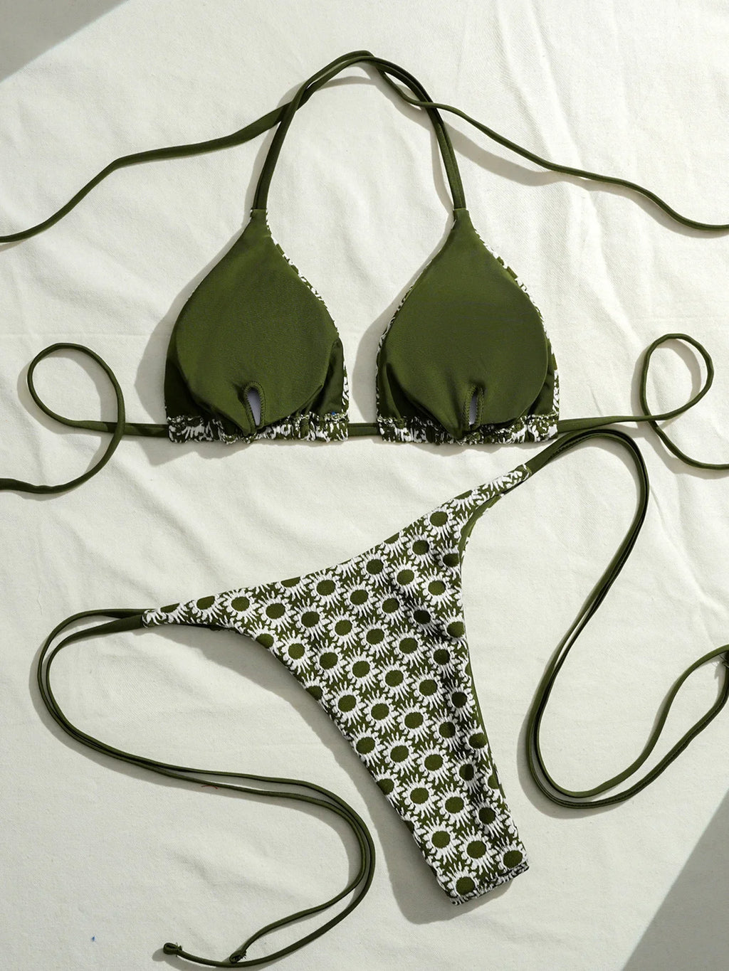 Sexy Green Sunflower Print Mini Bikini 2026 Women Halter Push Up Bra Tie Side Bandage Thong Swimsuit Beach Bathing Suit Swimwear