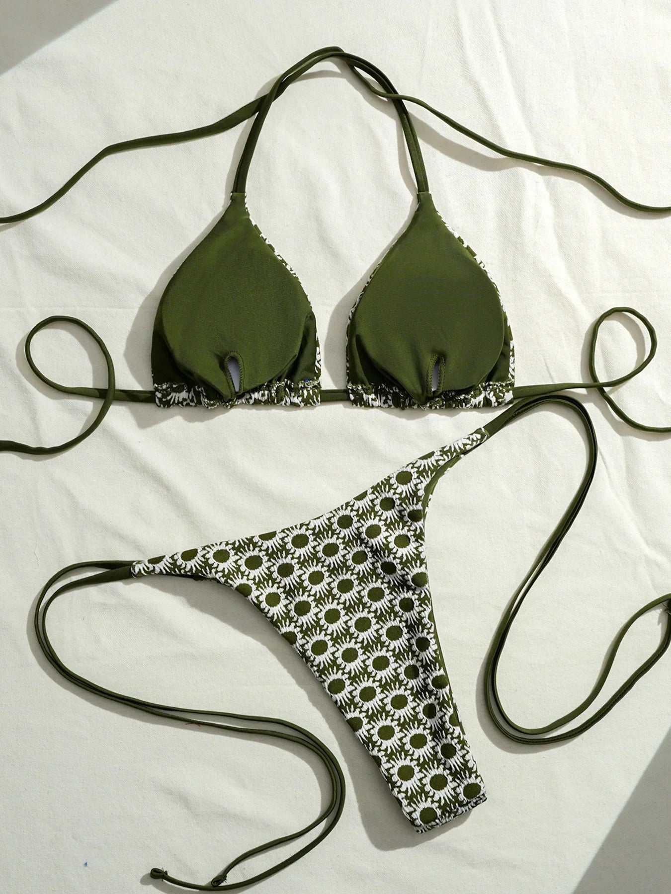 Sexy Green Sunflower Print Mini Bikini 2026 Women Halter Push Up Bra Tie Side Bandage Thong Swimsuit Beach Bathing Suit Swimwear
