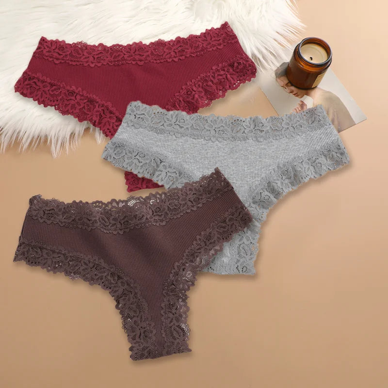 3Pcs Women Cotton Brazilian Pants Sexy Lace Brazilian Briefs Low Waist Floral Solid Color G-string Breathable Soft Lingerie