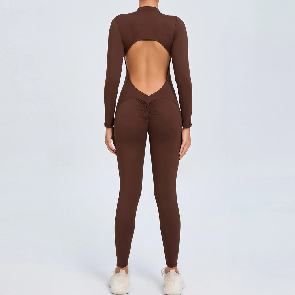 Hearuisavy Summer V Back Sports Jumpsuit Yoga Clothes Rompers Women Long Sleeveles Workout Bodysuits Backless One-piece Suit