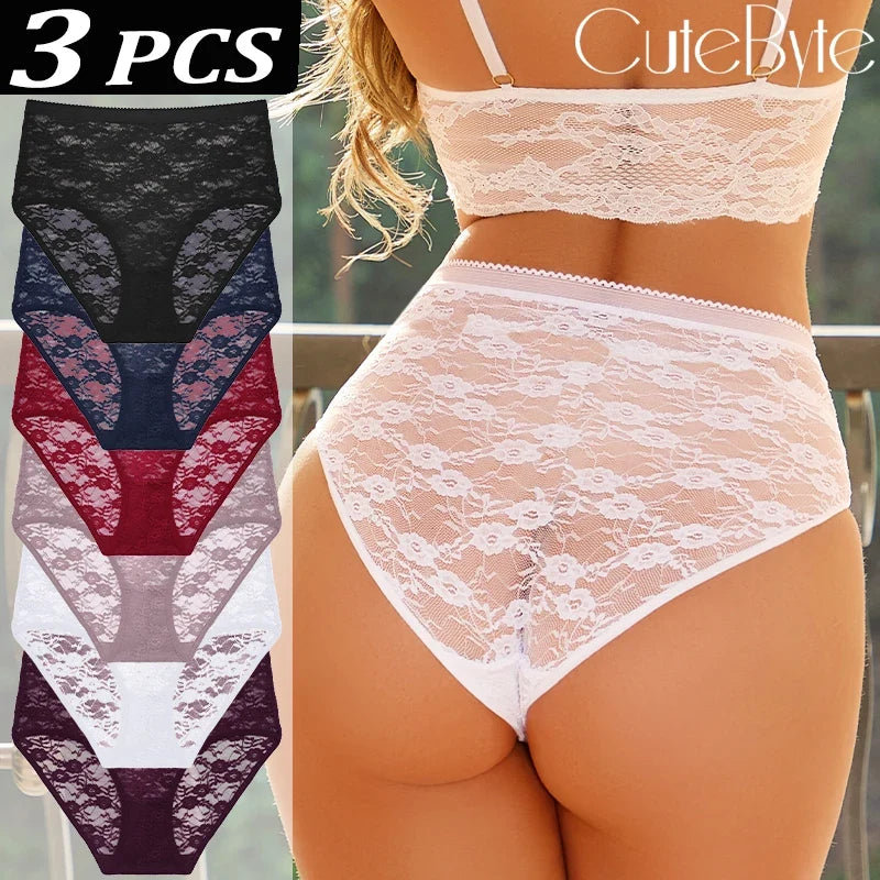 FINETOO 3PCS Women Lace Panties Sexy Hollow Underpants Sexy High Waist Lace Panty Elegant& Romantic Ladies Breathable Underwear