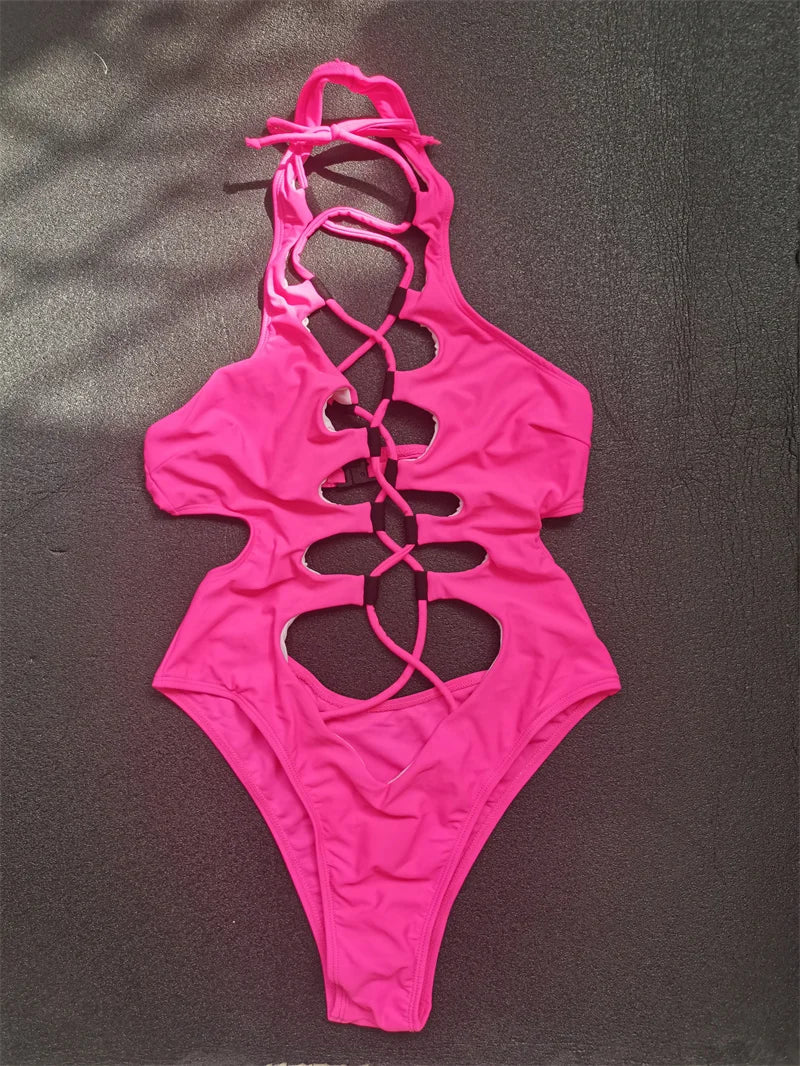 Hollow Out Swimwear Women 2025 High Neck Solid Black Cut Out Backless Monokini Bandage Bathing Suit Holiday One Piece Swimsuit