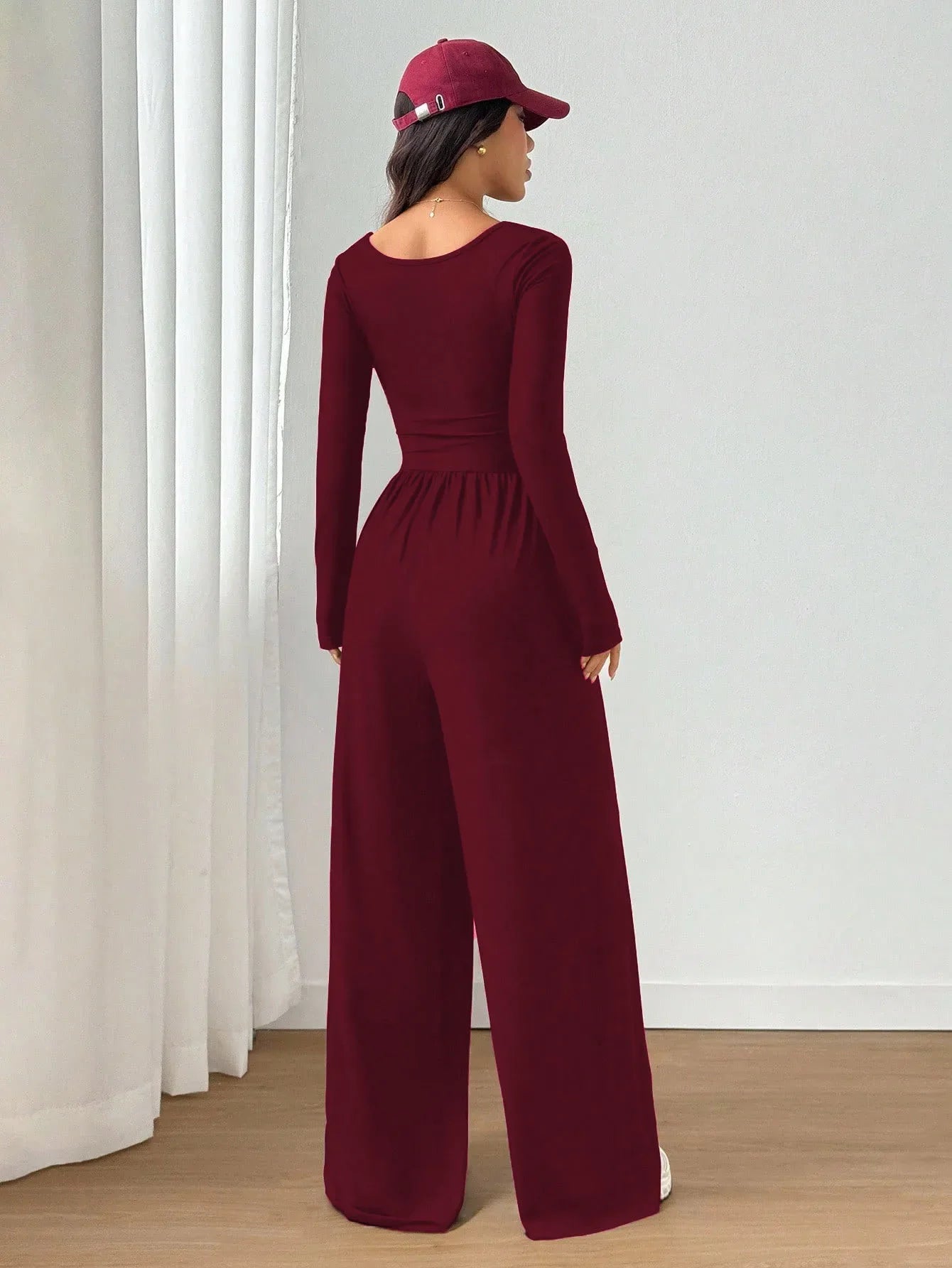 Women's Casual Solid Color Square Neck Long Sleeve A-Line Jumpsuit Pleating Wide Leg Loose Mopping Jumpsuit Spring/Fall 2026