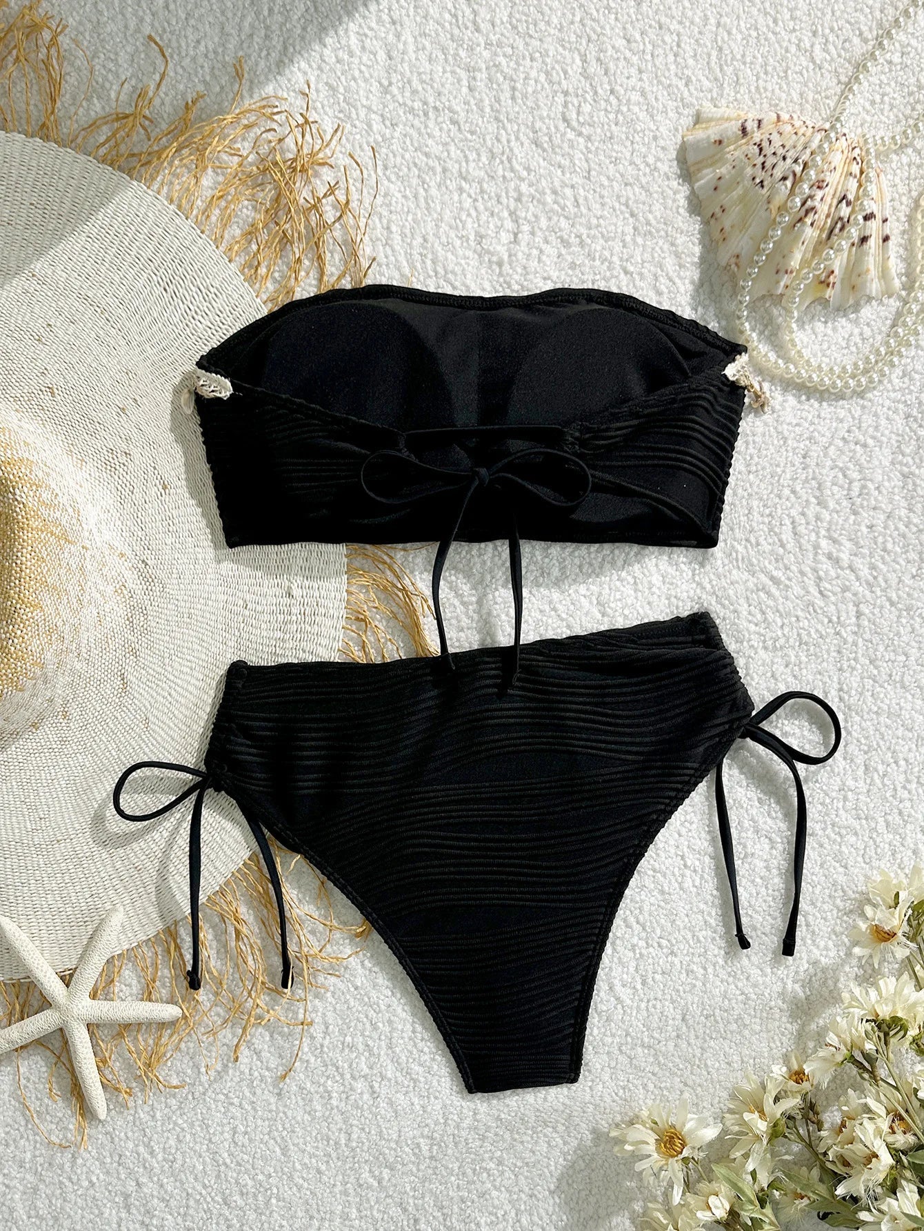Sexy Bandeau Bikini Set 2025 Women Black Shell Starfish Push Up Drawstring Side High Waist Swimsuit Beach Bathing Suit Swimwear