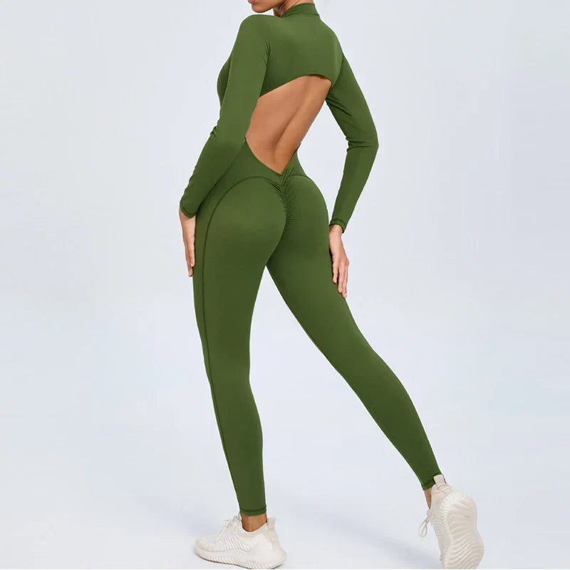 Hearuisavy Summer V Back Sports Jumpsuit Yoga Clothes Rompers Women Long Sleeveles Workout Bodysuits Backless One-piece Suit