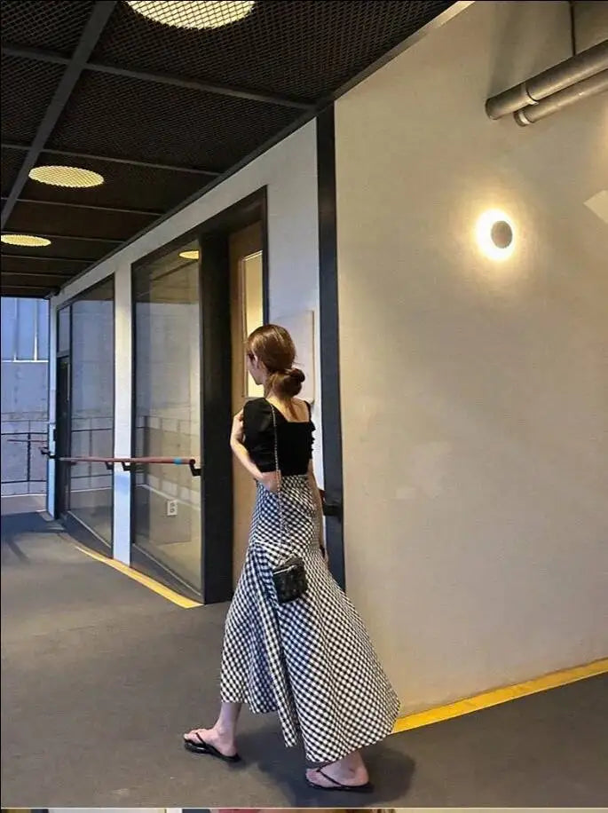 WOMENGAGA Korea Style 2023 Spring/Summer New High Waist Elegant Split Plaid Skirts Half Length Skirts Fashion Women 2023 22IV