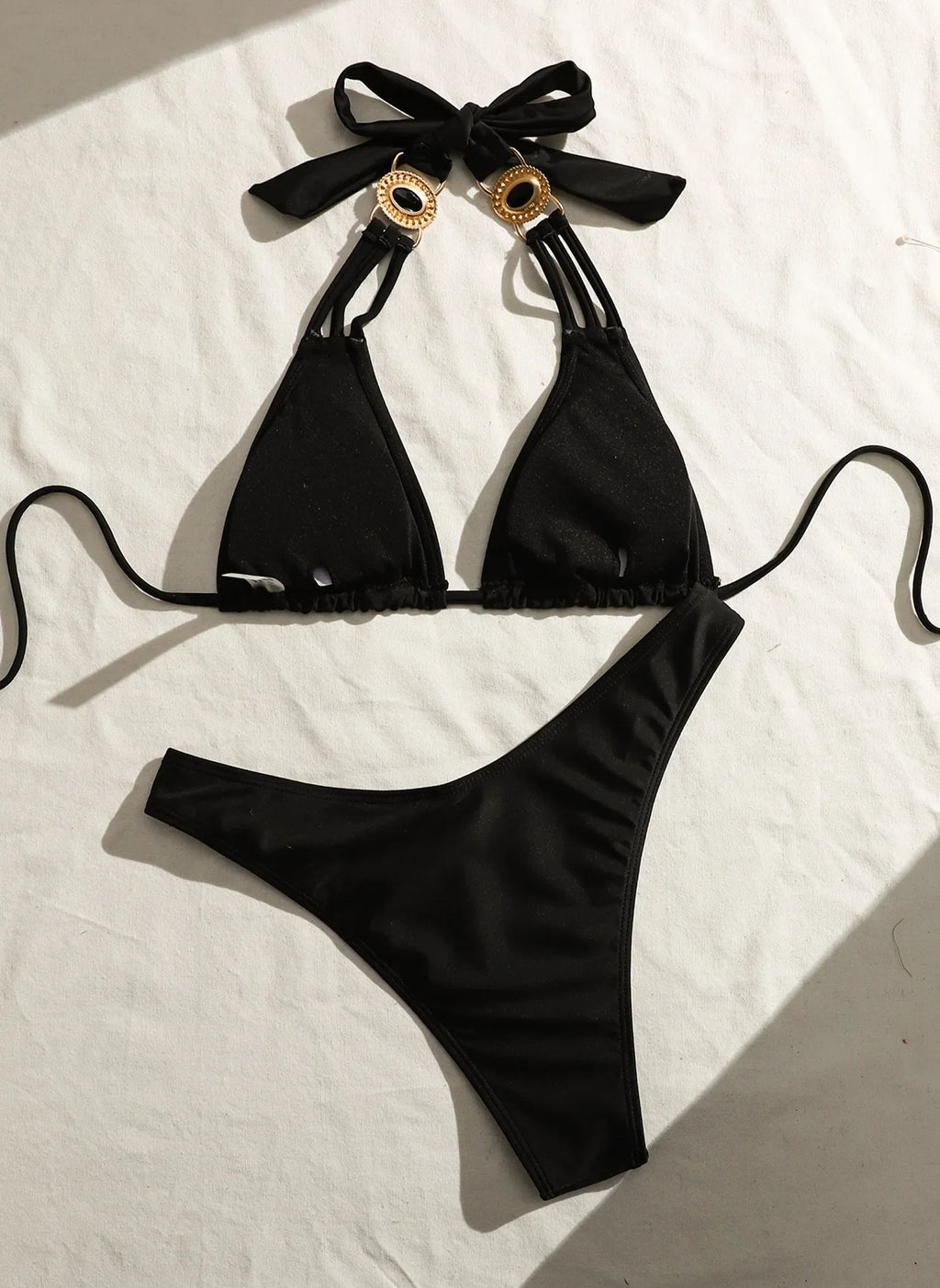 Luxury Rhinestone Bikini Set 2026 Sexy Black Diamond Halter Push Up Bra Metal Chain Thong Swimwear Beach Bathing Suit Swimsuit