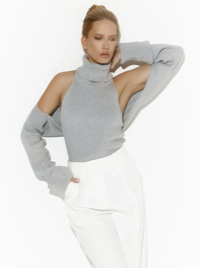 Trendix Knit Tank Top Sets For Women Fashion High Neck Vest And Long Sleeve Shawl 2 Piece Suits Sexy Backless Knitwear Top Femme