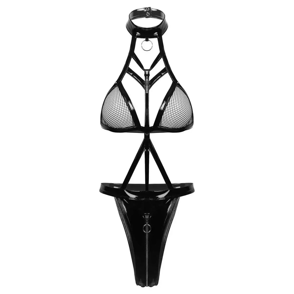 Plus Size Balck Bandage PU Latex Leather Mesh Bodysuit Exotic Teddies Zipper Crotch Catsuit 2XL Costumes Women Sexy Lingerie