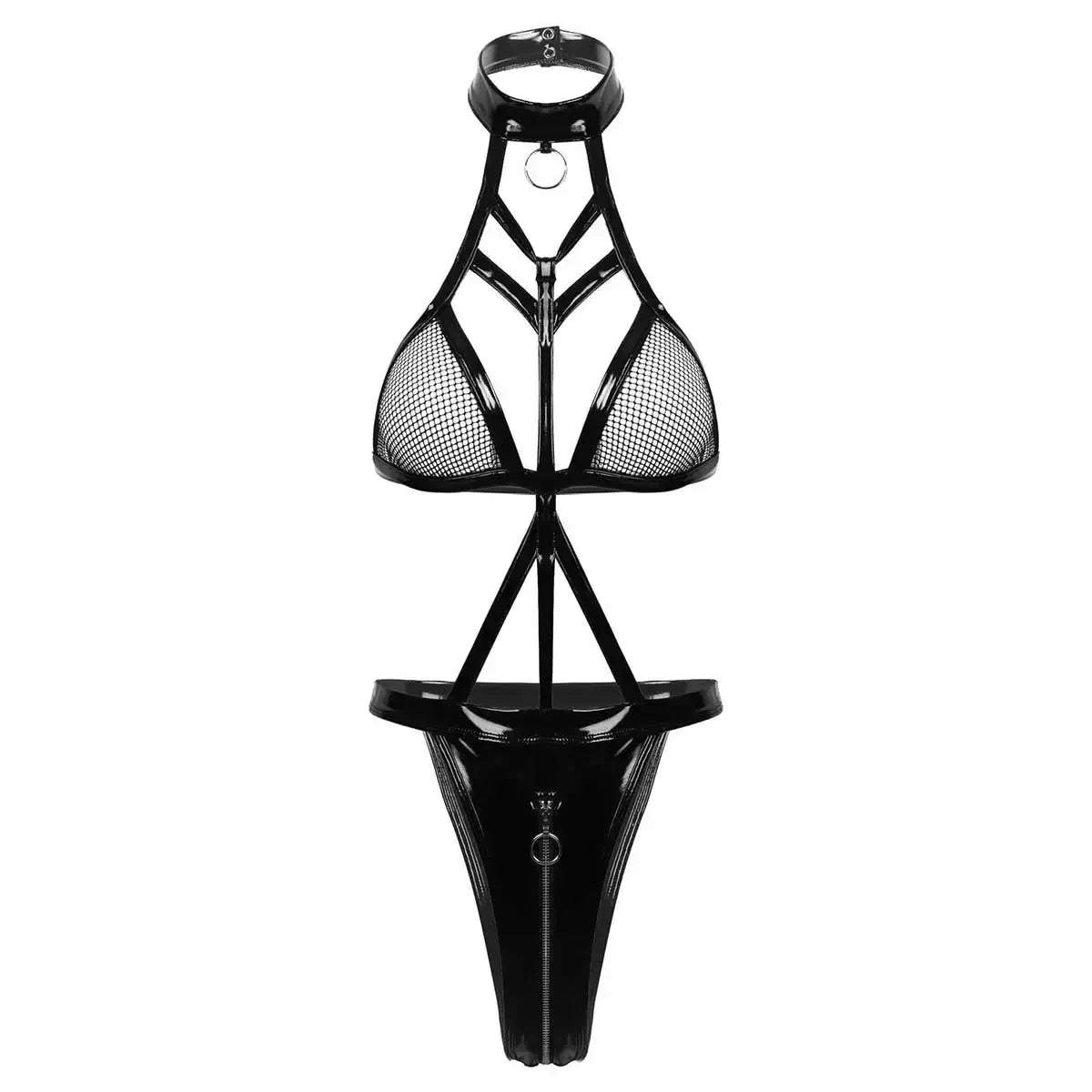 Plus Size Balck Bandage PU Latex Leather Mesh Bodysuit Exotic Teddies Zipper Crotch Catsuit 2XL Costumes Women Sexy Lingerie