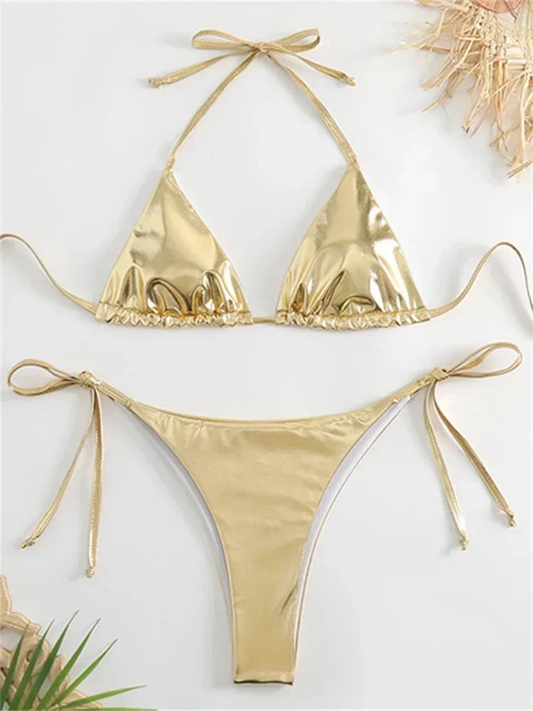 Sexy Brozing Gold Bikinis Sets Women Push Up Micro Bikini Swimsuit 2026 Brazilian Beach Bathing Suit Tie Side Triangle Swimwear