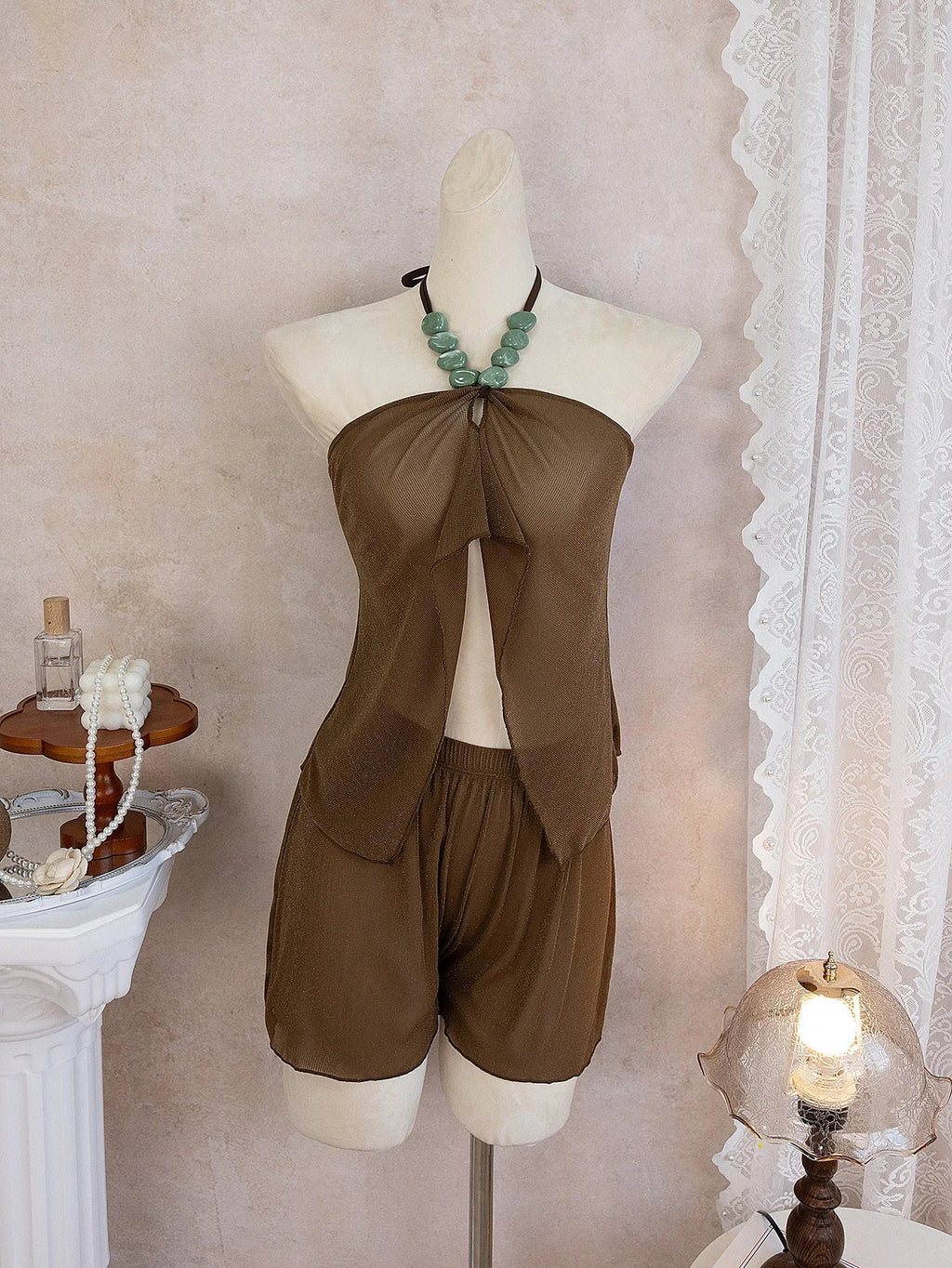 Sexy Coffee Bikini Set 2026 Women Luxury Pearls Strap Cover Up High Waist Short Two Piece Swimsuit Beach Bathing Suit Swimwear