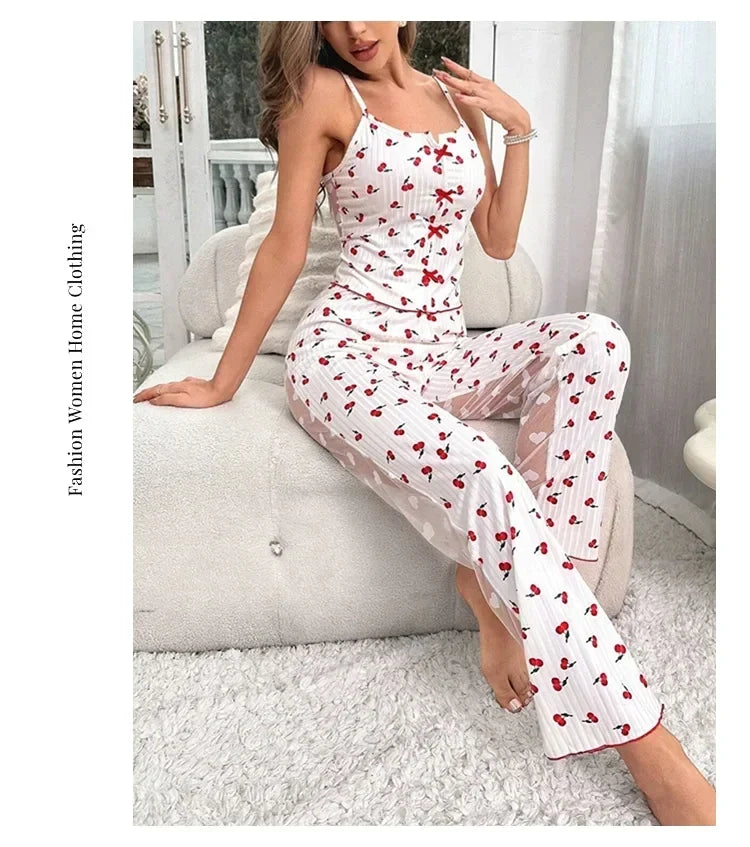 2-Piece Women's Sexy Transparent Mesh Lace Set with Ribbed Printed Strap Top and Pants Home Clothes Pajama Set