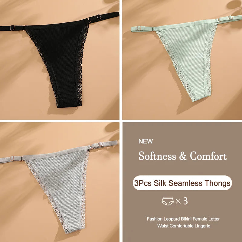 3Pcs G-String Cotton Sexy Women Thongs Adjustable Belt Seamless Panties Breathable Low Waist Lingerie Female Soft Solid Color