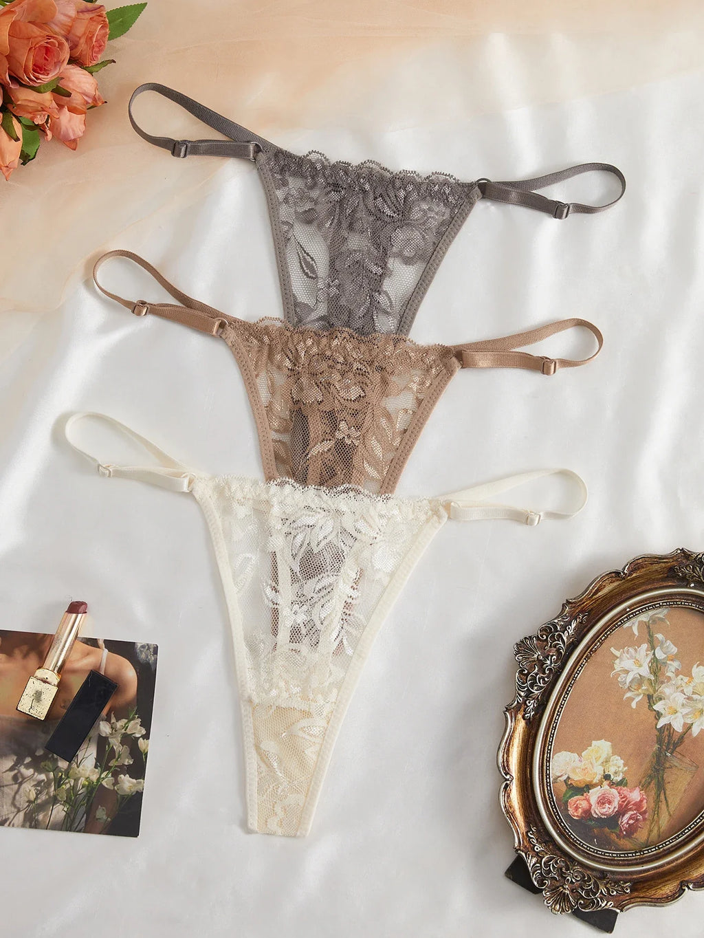 3-Pack Women's Sexy Lace Panties Underwear, Adjustable Strap Floral Lace Sheer Mesh Sexy Thong