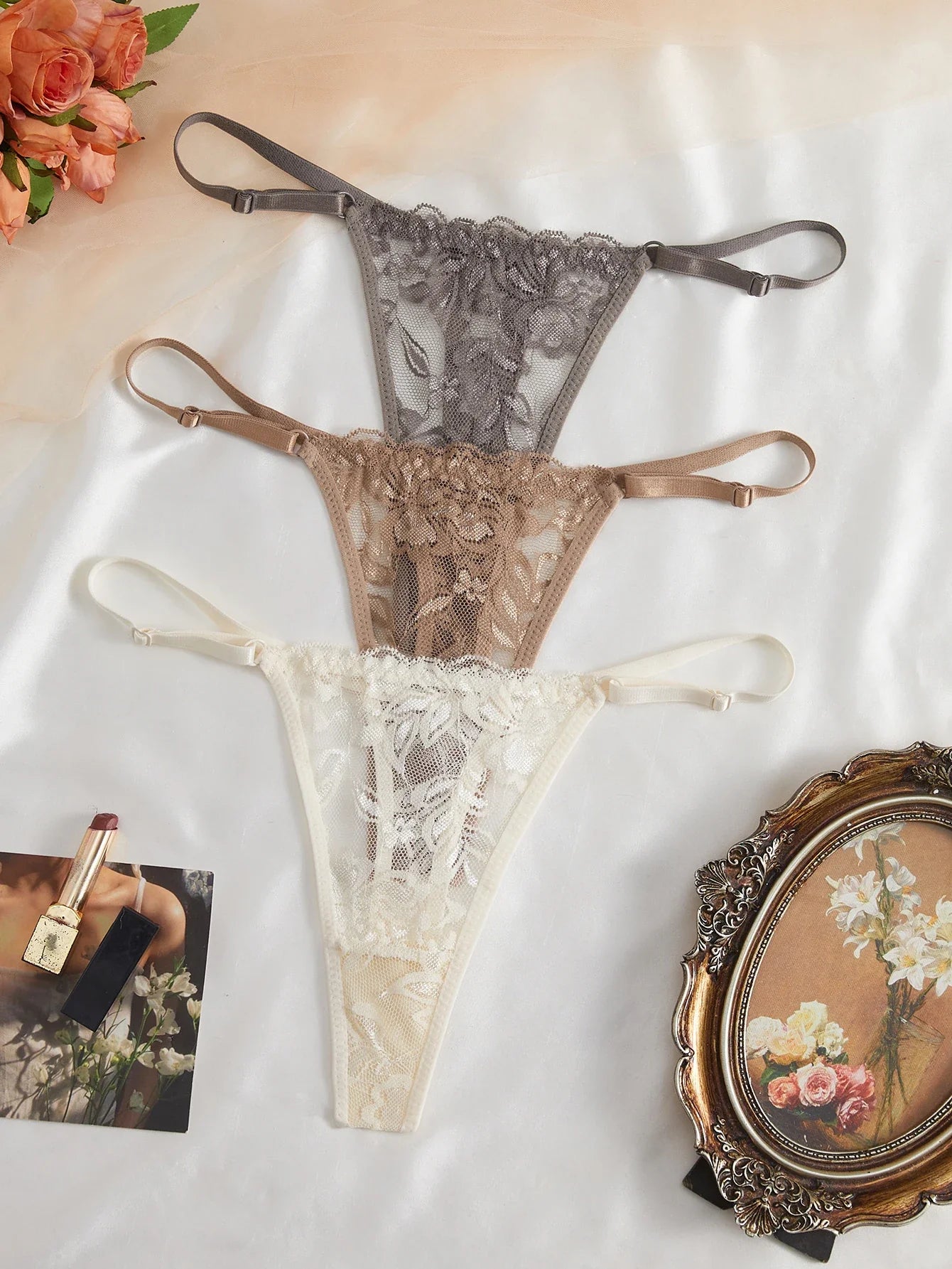 3-Pack Women's Sexy Lace Panties Underwear, Adjustable Strap Floral Lace Sheer Mesh Sexy Thong