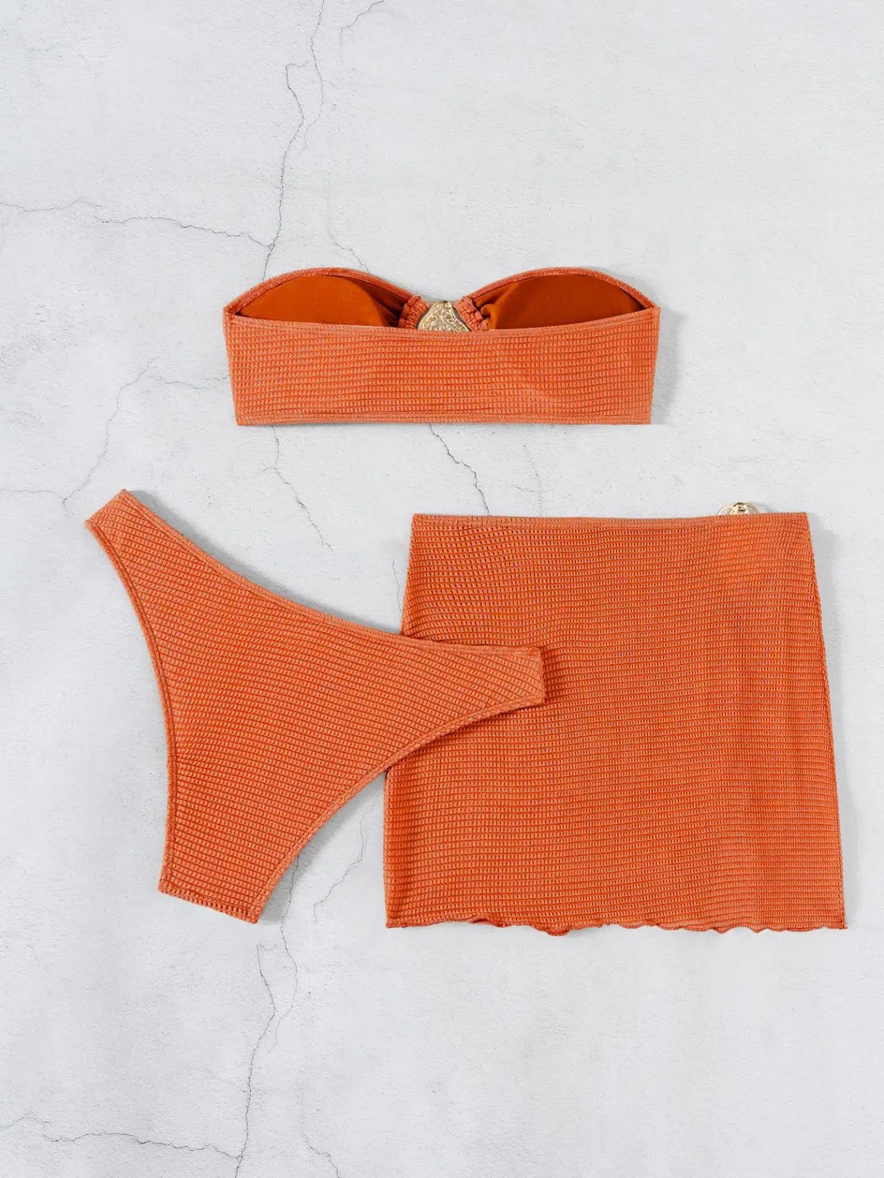 2026 New Sexy Bandeau Bikini Women Metal Water Droplet Ornament Push Up Mesh Skirt 3 Piece Swimsuit Beach Bathing Suit Swimwear