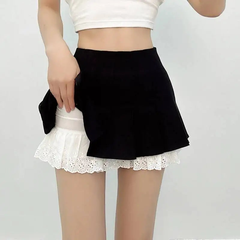 Summer New Leisure Lace Splicing Short Skirt Women Pure Desire Spicy Girl High Waist Hundred Fold A-line Half Length Skirt 7V01