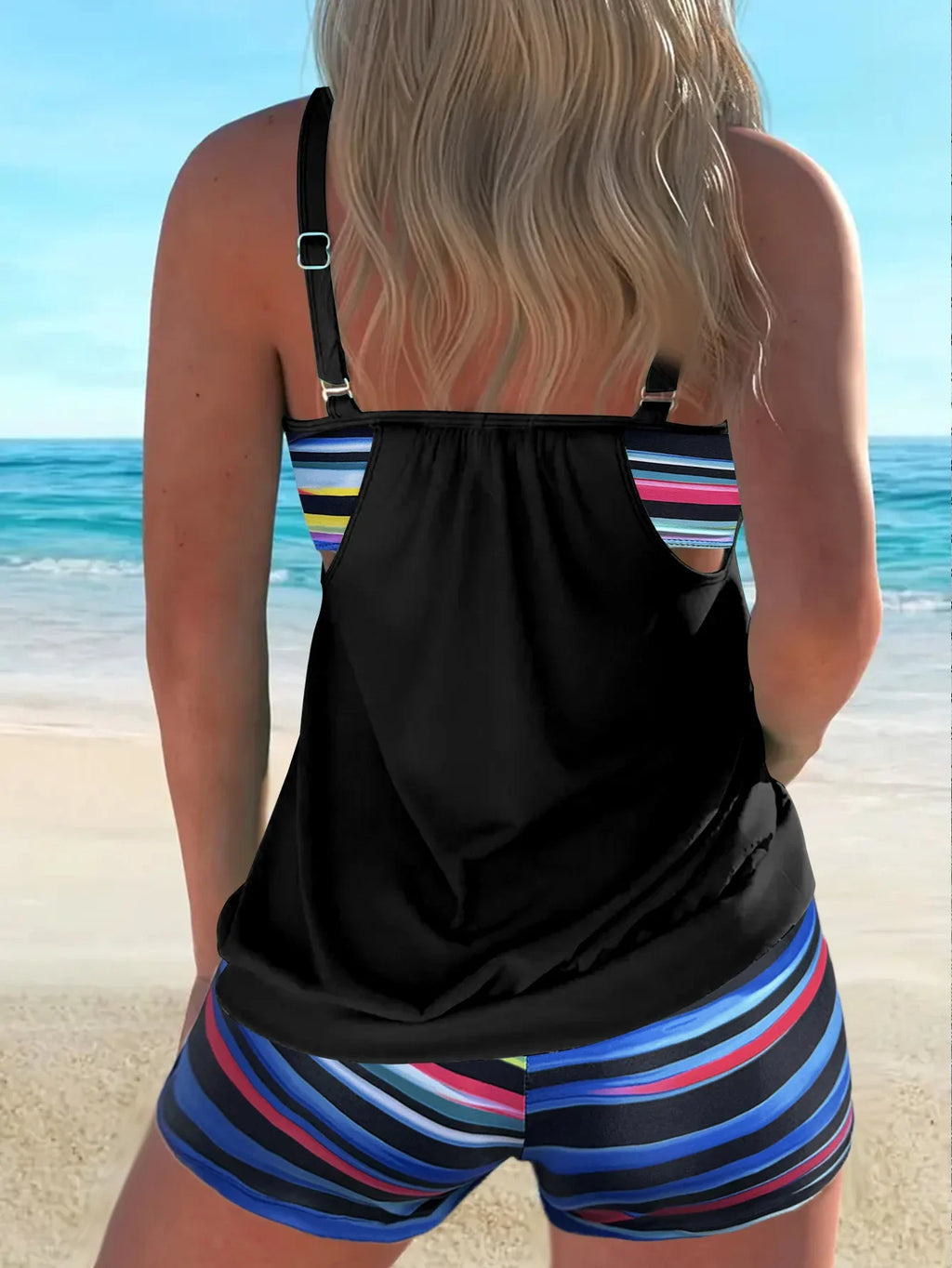 Women's Conservative Two Piece Swimsuit Black Stripe Print Patchwork Crop Top Tankini Set Beach Bathing Suit High Waist Swimwear
