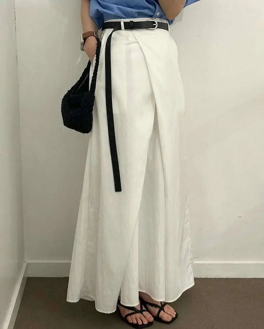 Loose Knee-Length A-Line Skirt Versatile Minimalist Design Commute High Waist Midi Pure Color Polyester Fiber Skirt WDM4