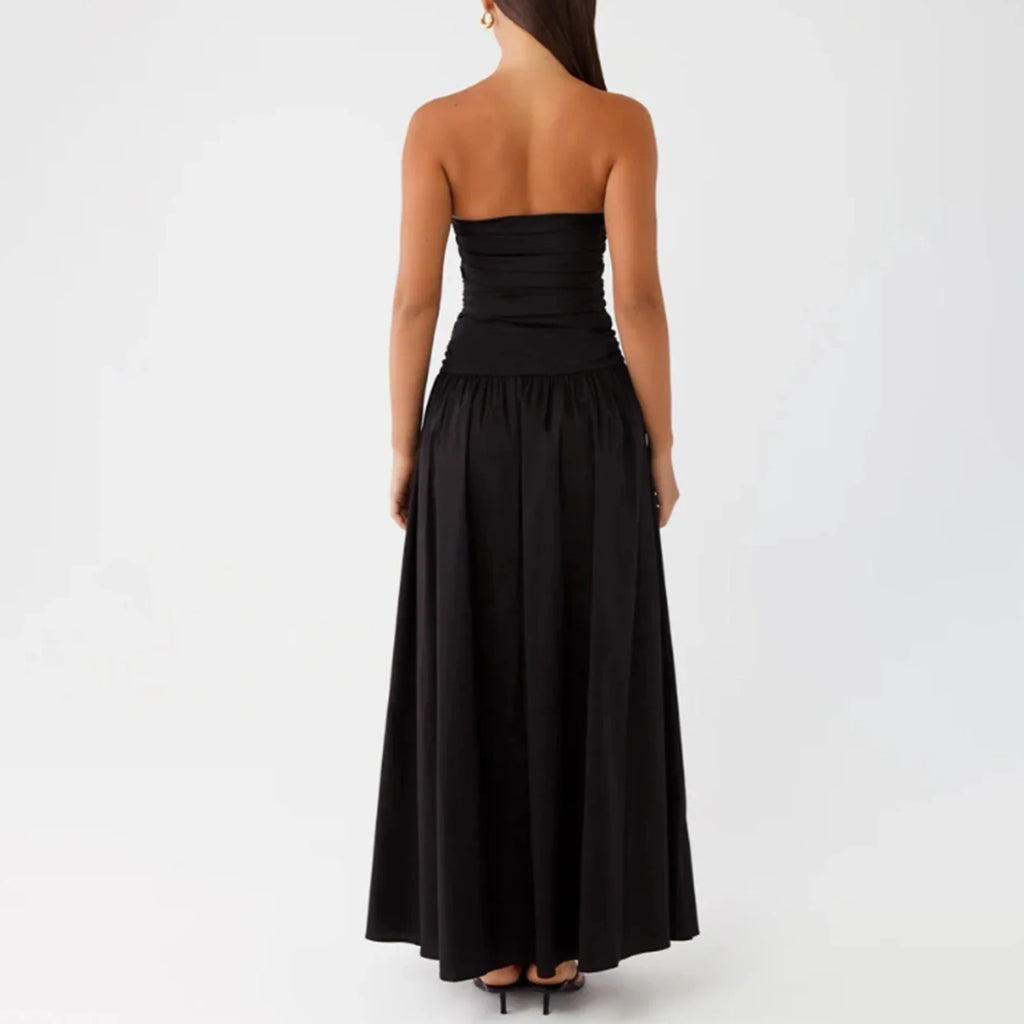 Elegant Strapless Maxi Tube Dress Women Ruched Long Sundress Boat Neck Sleeveless Strapless Flowy Dresses Party Clubwear
