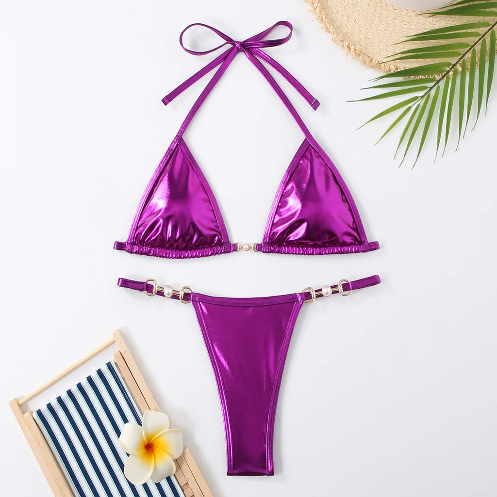 Shiny Pink Micro Bikini 2026 Mujer Women Sexy PU Pearls Push Up Thong Swimsuit Summer Bathing Suit Bandage Holiday Swimwear