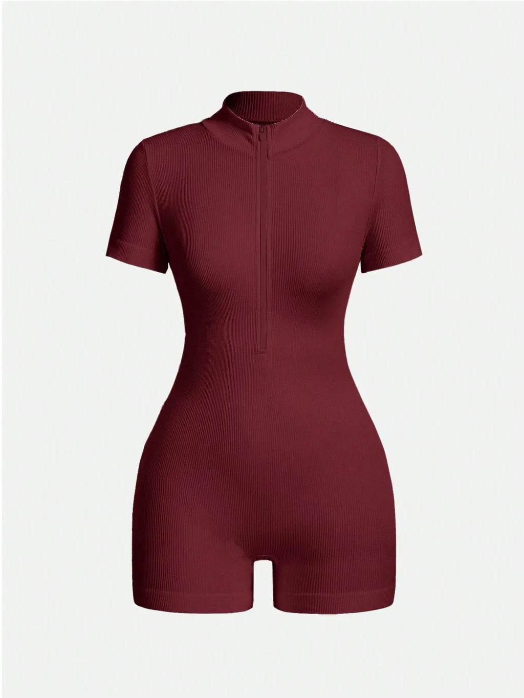 Women's Solid Color Half Zip Ribbed Knit Short Sleeve Romper Sports Soft Slim Fit Mock Neck Jumpsuit Streetwear 2025 Summer