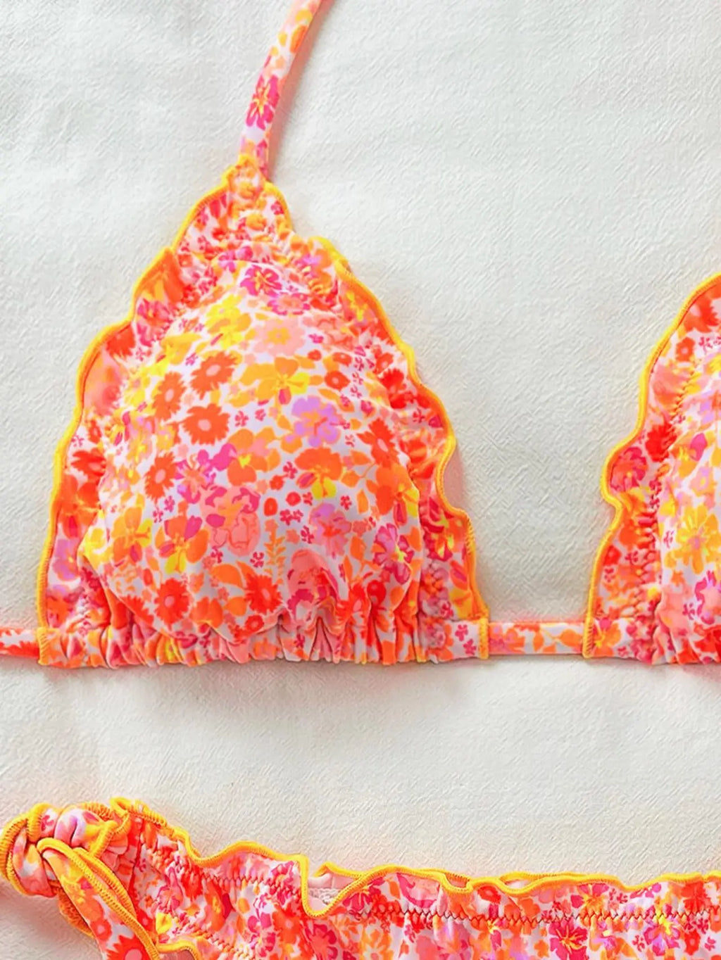 Cute Orange Floral Print Bikini Set Women Halter Ruffles Push Up Tie Side Thong Swimsuit 2026 Summer Bathing Suit Micro Swimwear