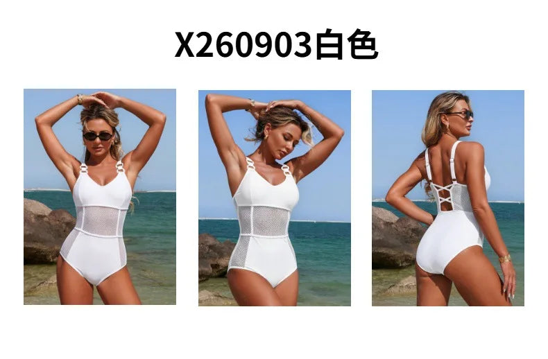Sexy Black White One Piece Swimsuit 2026 Women Circle Strap Mesh Patchwork Slim Tummy Control Swimwear See Through Bathing Suits