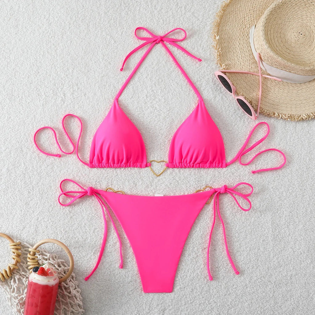 Sexy Metal Heart Ornament Bikini Set 2026 Women Blue Pink Halter Push Up Bra Thong Swimsuit Beach Bathing Suit Vacation Swimwear