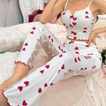 2-Piece Women's Sexy Transparent Mesh Lace Set with Ribbed Printed Strap Top and Pants Home Clothes Pajama Set