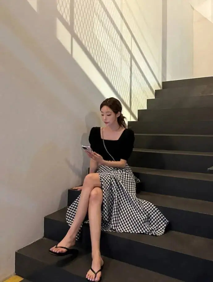 WOMENGAGA Korea Style 2023 Spring/Summer New High Waist Elegant Split Plaid Skirts Half Length Skirts Fashion Women 2023 22IV