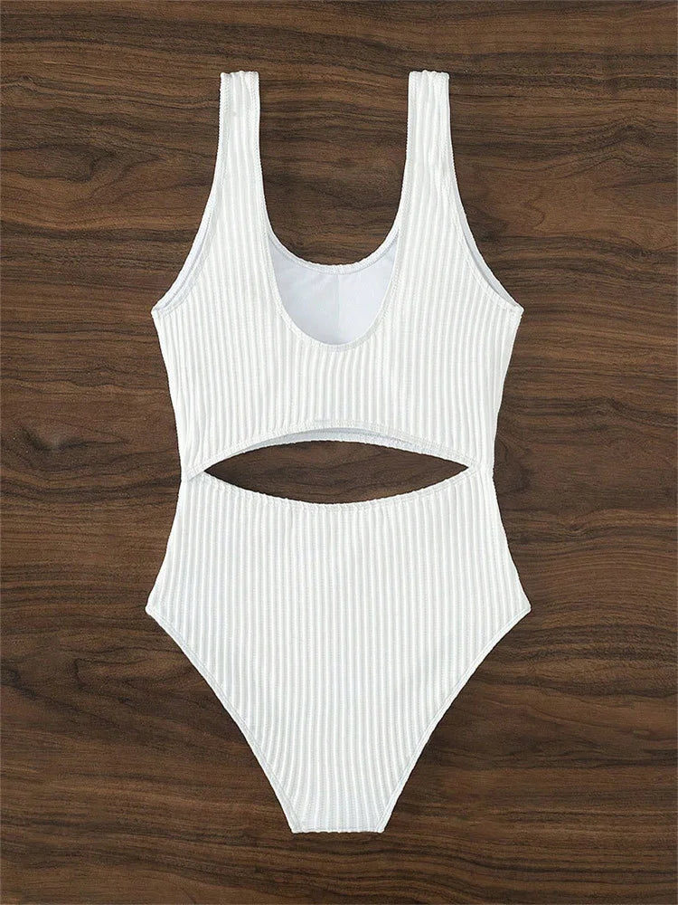 Sexy White One Piece Swimsuit Women New Hollow Out Swimwear 2024 Ribbed Bathing Suit Push Up Monokini Beach Swimming Suit Summer