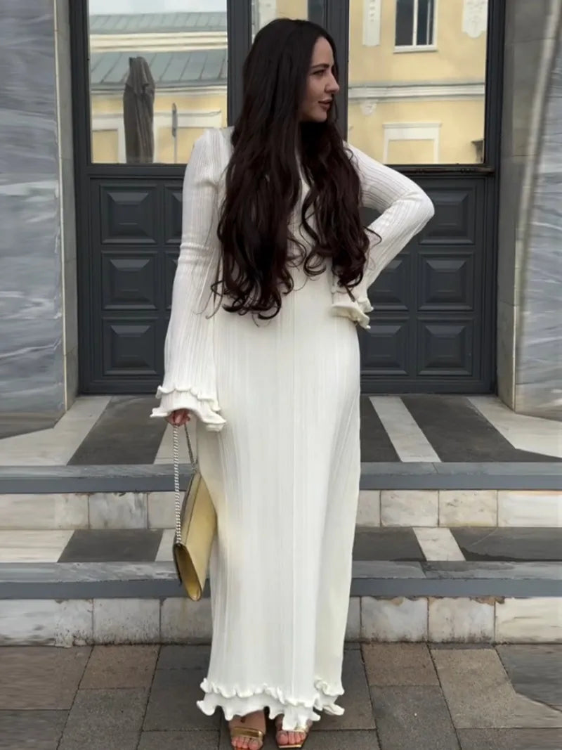 Trendix Knit Elegant Ruffle Maxi Dress Women Summer High Waist Long Sleeve Lace Up Dresses Casual Sexy Backless Knitwear Dress