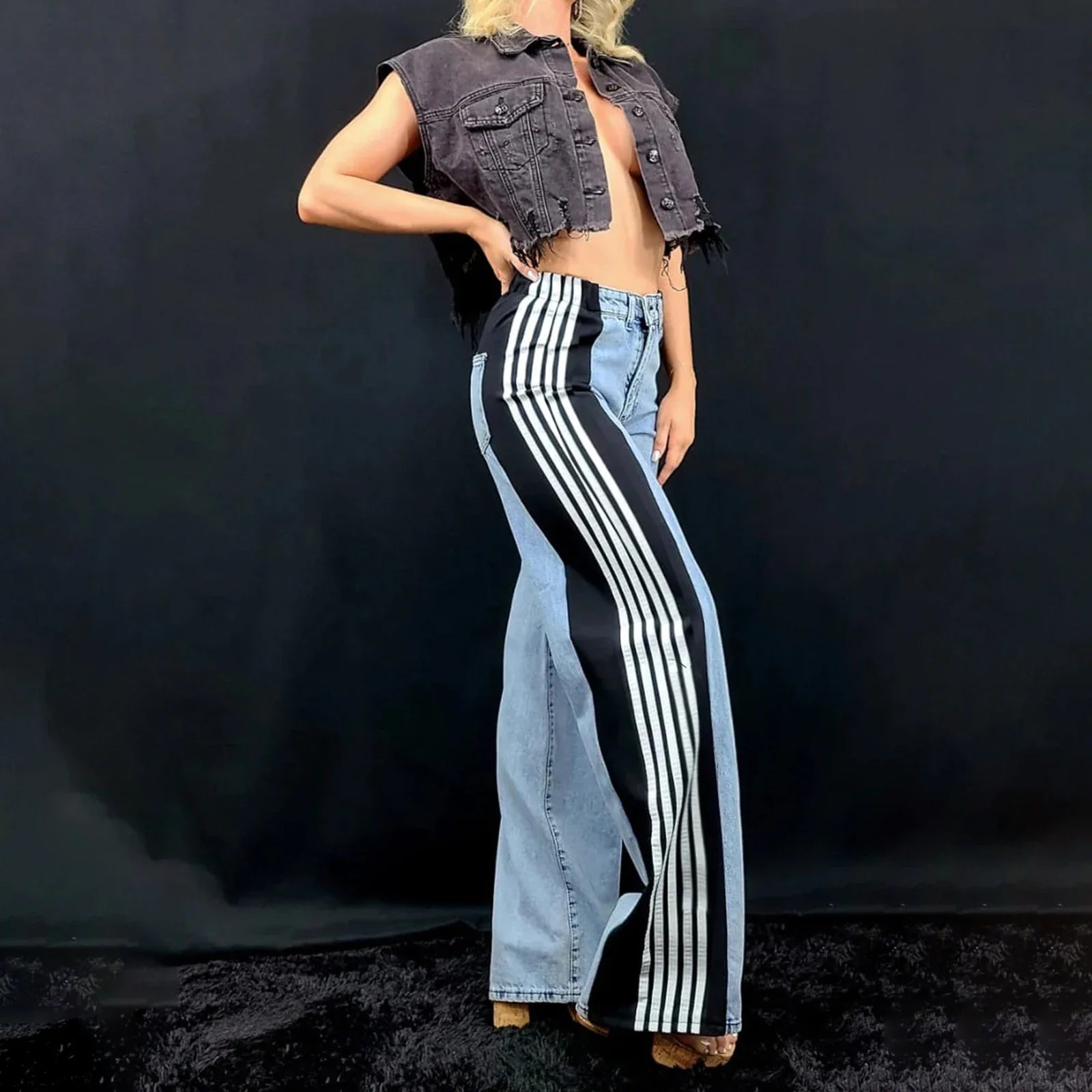 Women's Spring Summer Baggy Jeans Pants High Waist Loose Wide Leg Side Striped Denim Pants Streetwear