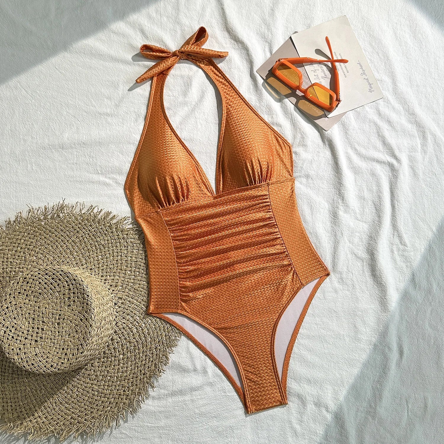 New Deep V Neck One Piece Swimsuit 2026 Women Orange White Pleate Tummy Control Swimwear Beach Holiday Bathing Suit Monokini