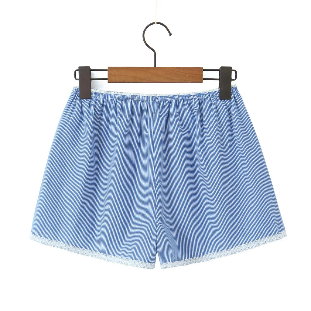 New French Style Lazy Loose Home Casual Button Lace Stripe Shorts For Woman Casual Elegant Fashion Style Pure Desire Casual QRCF