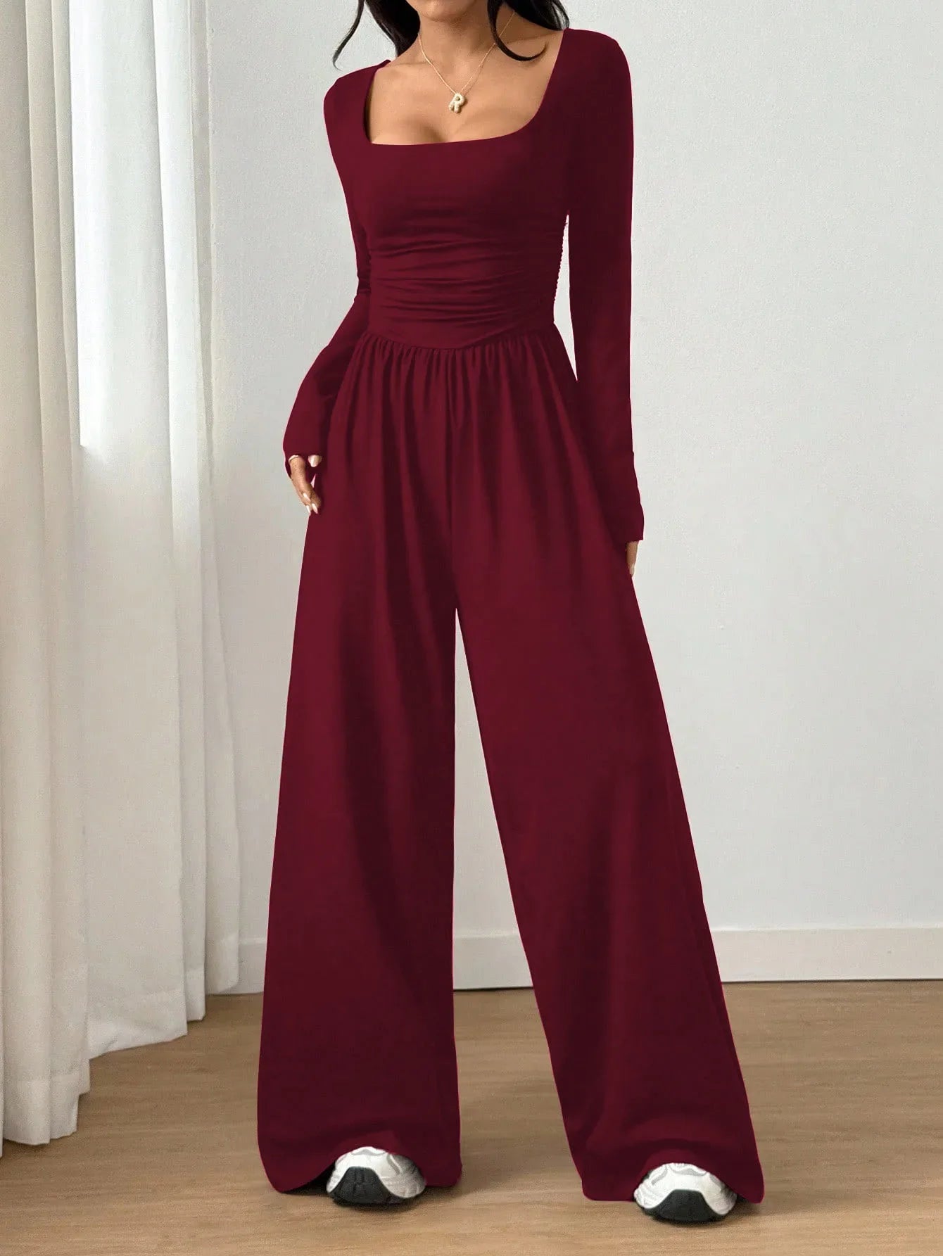 Women's Casual Solid Color Square Neck Long Sleeve A-Line Jumpsuit Pleating Wide Leg Loose Mopping Jumpsuit Spring/Fall 2026