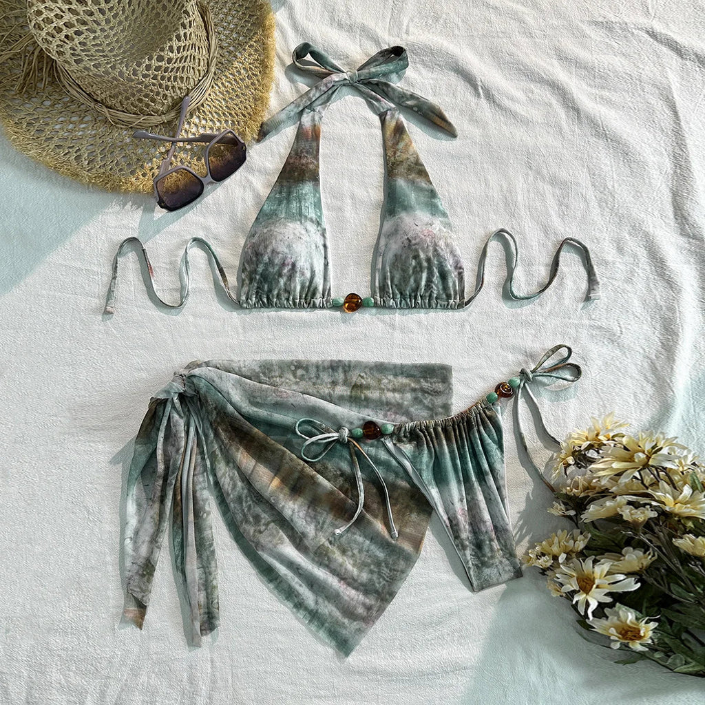 Vintage Green Tie Dye Gradient Bikini Set 2026 Women Pearls Push Up Bra Cover Up 3 Piece Swimsuit Bathing Suit Holiday Swimwear