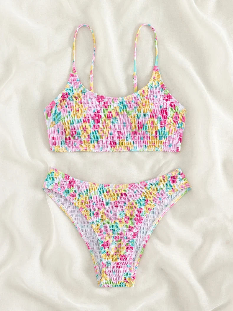 Sexy Pink Floral Print Bikini Set 2024 Women Halter Pleate Push Up High Waist Swimsuit Brazilian Bathing Suit Two Piece Swimwear