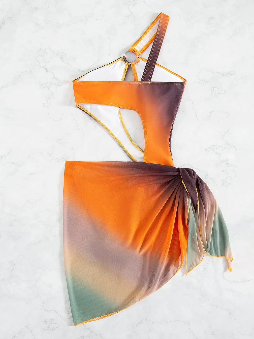Sexy Orange Tie Dye Gradient One Piece Swimsuit 2025 Women One Shoulder Hollow Out Skirt Swimwear Bathing Suit Thong Monokini