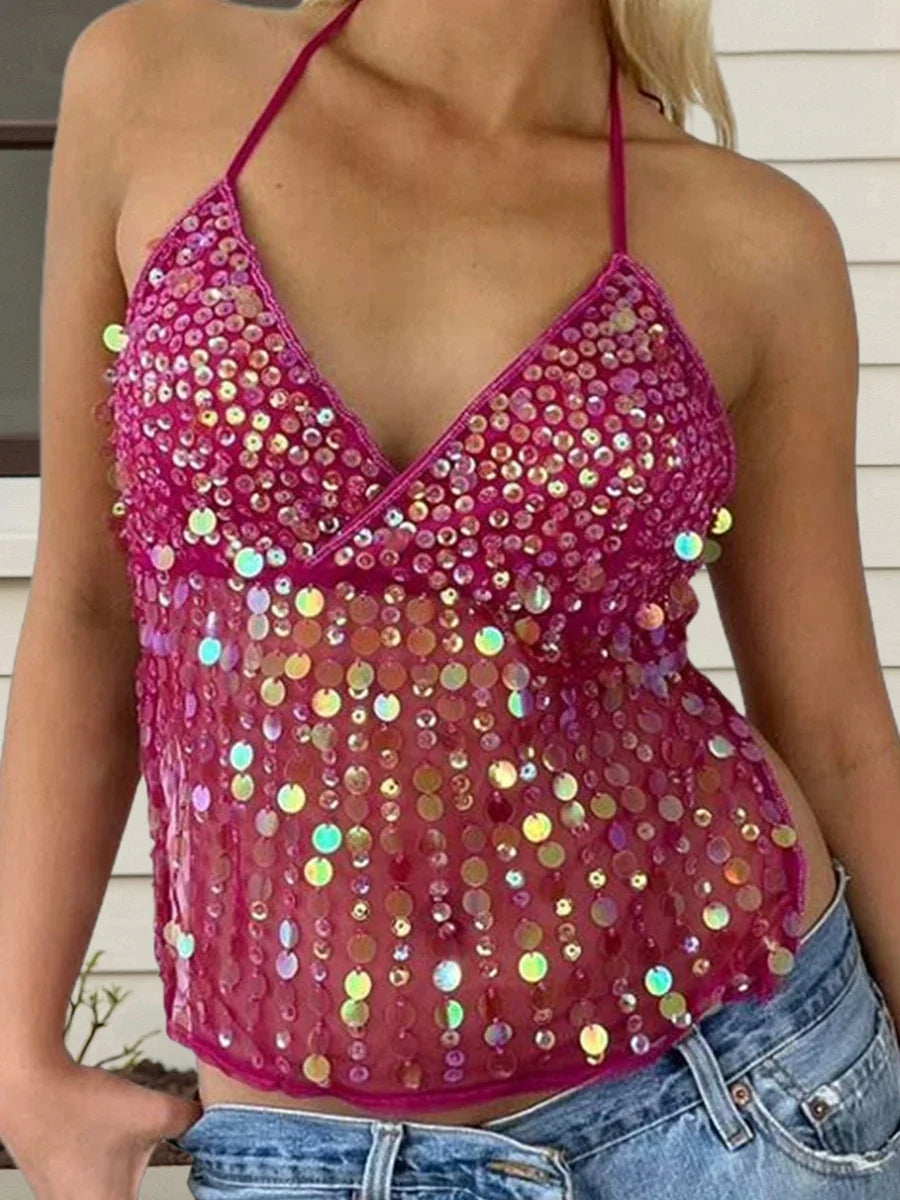 Women's Solid Color Halter Neck Crop Tops Summer Sleeveless V neck Open Back Slim Fit Tie Up Sequins Camis Tops