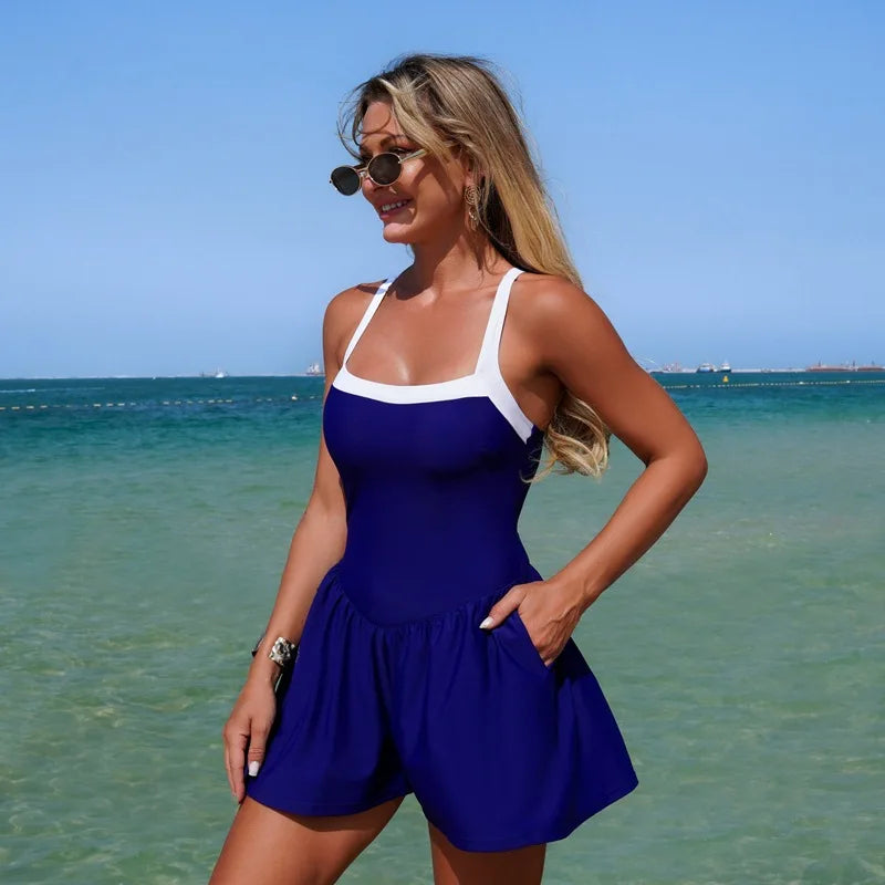 Vintage Black Patchwork Skirt One Piece Swimsuit 2026 Women Back Bandage Cross Pocket Swimwear Beach Bathing Suit Slim Monokini