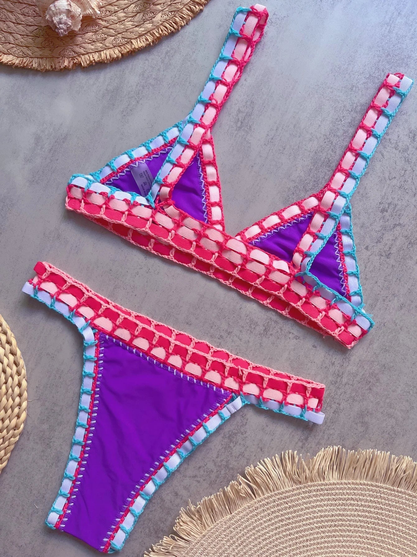 Sexy Black Patchwork Hand Crochet Bikini Set Women 2026 V Neck Push Up Bra Thong Swimsuit Beach Bathing Suit Knitted Swimwear