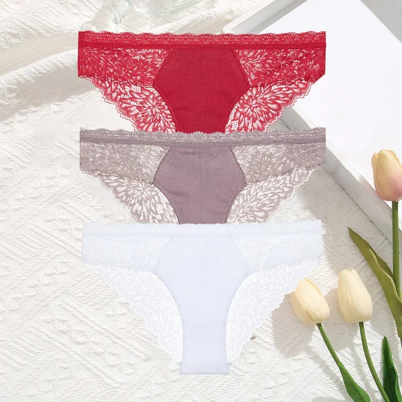 3Pcs/Set Seamless Lace Women Panties Transprant Hollow Out Low Waist Briefs Female Solid Soft Breathable Lingerie Underwear
