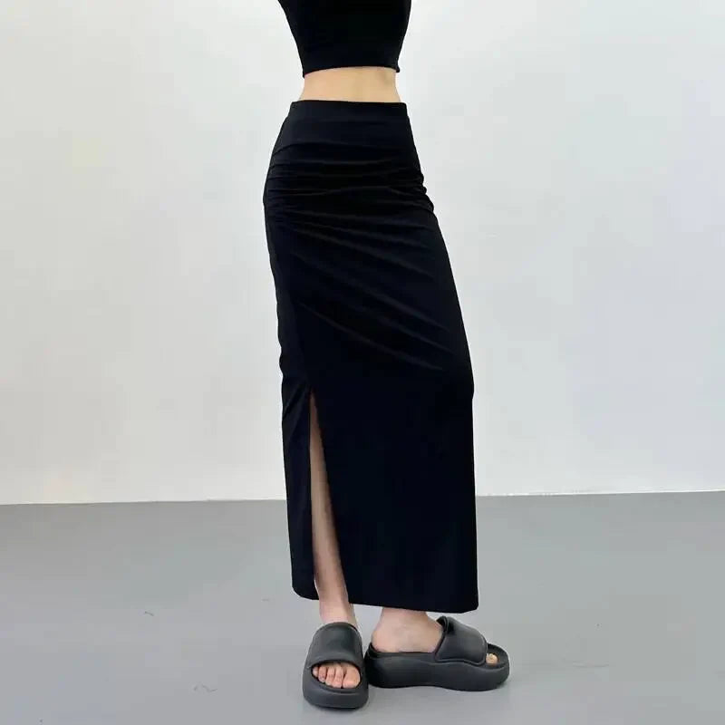2026 New Pleated Side High Slit Half Length Skirt Women's Summer Spicy Girl Pure Desire Slim Wrap Hip Solid A-line Skirt 7MHN