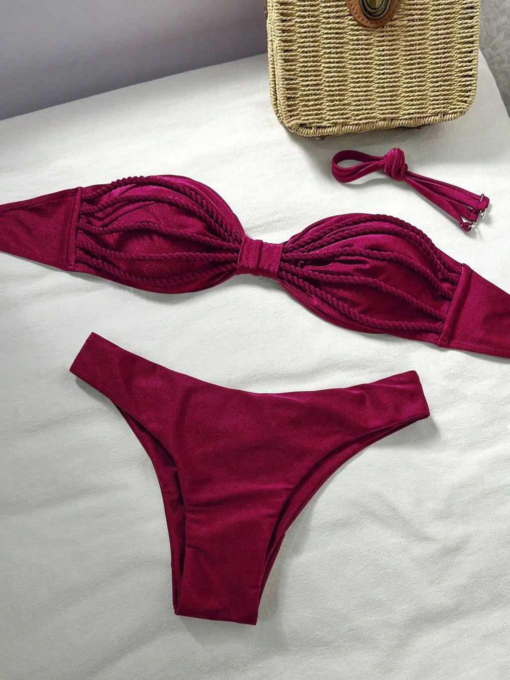 Sexy Bandeau Bikini 2026 Women Coffee Braiding Rope Pleate Tie Push Up High Waist Swimsuit Beach Holiday Bathing Suit Swimwear