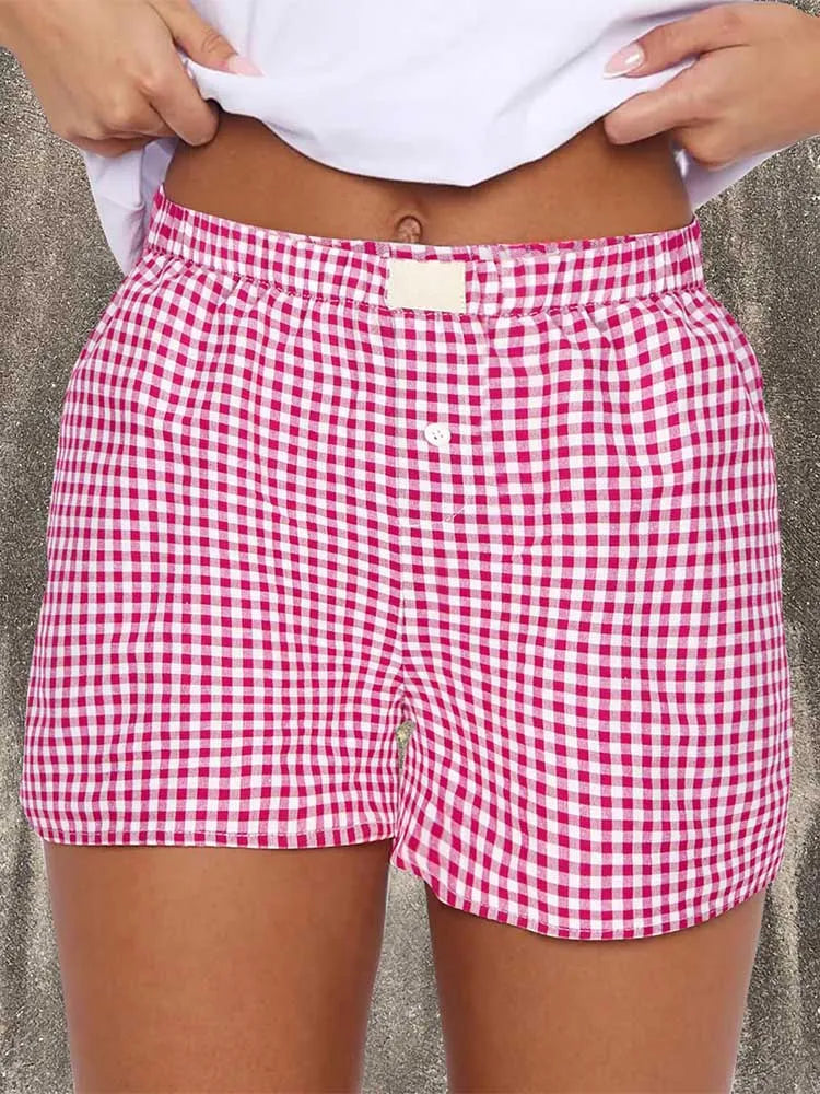 Teen Girls Plaid Shorts Elastic Waistband Pull-On Casual Lounge Summer Outfit Red Blue Color Women's Fashion