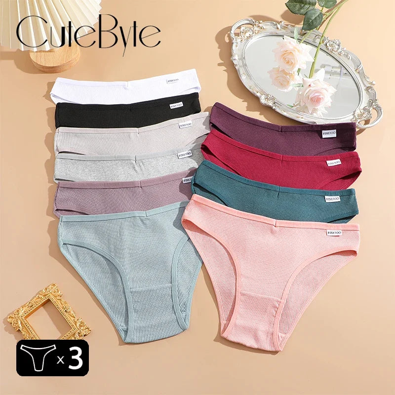 3PCS Cotton Women's Panties Sexy Comfortable Underwear Female Low Waist Stripe Briefs Solid Color Breathable Soft Lingerie M-XL