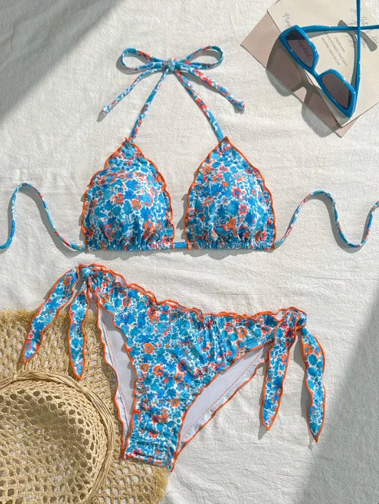Cute Orange Floral Print Bikini Set Women Halter Ruffles Push Up Tie Side Thong Swimsuit 2026 Summer Bathing Suit Micro Swimwear